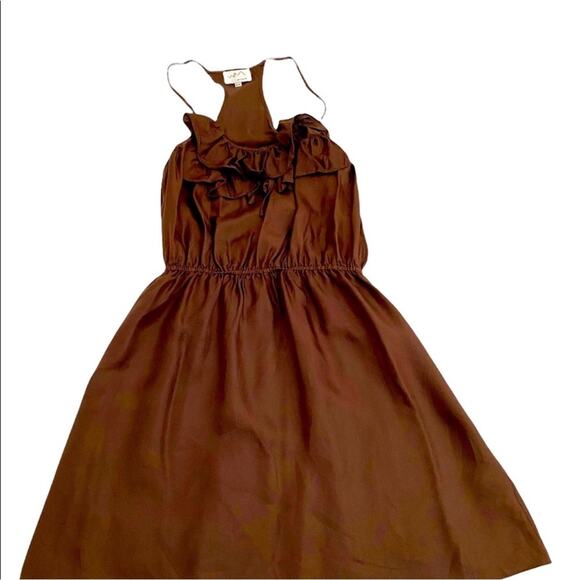 WM New York Design Brown Silk Ruffle Front Dress, Size Petite Small - Picture 3 of 13